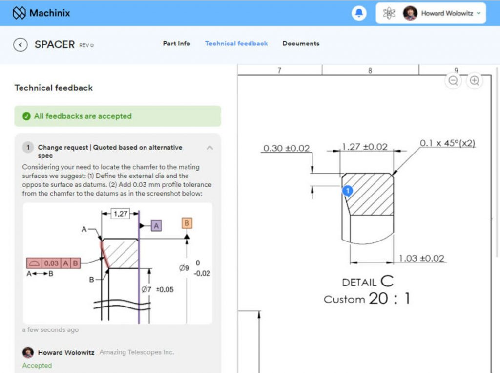 Screenshot showing Mahcinix digital technical feedback feature 